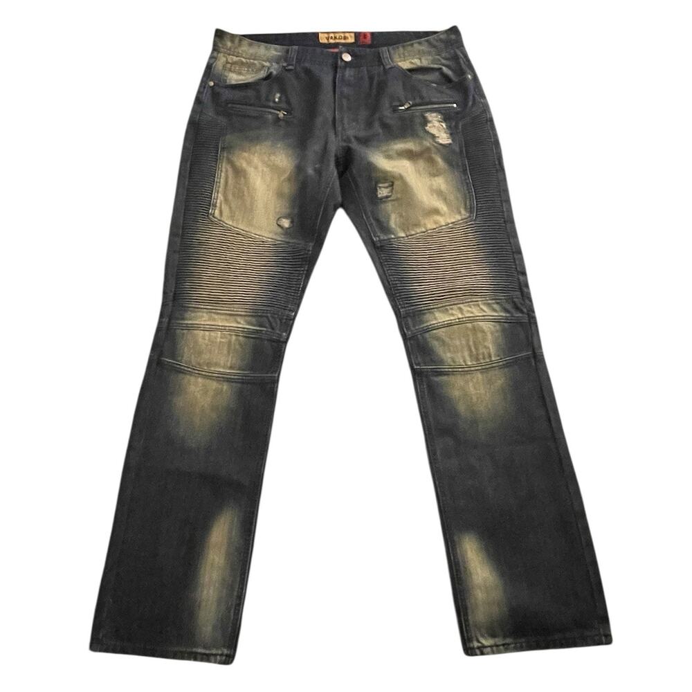 Mens Makobi Jeans 36x34 Blue Faded Distressed Zipper Pockets Streetwear Y2K